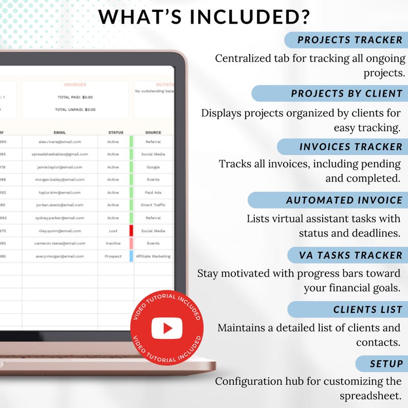 Virtual assistant task tracker spreadsheet for small business owners
Client management template for virtual assistants on Etsy