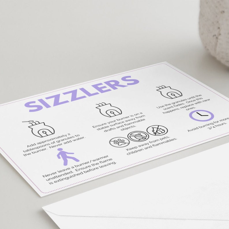 Printable Salt Sizzlers Care Card | Wax Melt & Simmering Granules Safety Guide | Digital Download for Small Business Packaging Sprint 1 image 2