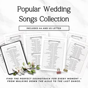 Può includere: Una raccolta di elenchi di canzoni per matrimoni stampabili, inclusi formati A4 e US Letter. Il titolo "Popular Wedding Songs Collection" è visualizzato in grassetto. L'immagine include un tablet e diversi fogli stampati con titoli di canzoni e nomi di artisti. Il testo in basso recita: Trova la colonna sonora perfetta.