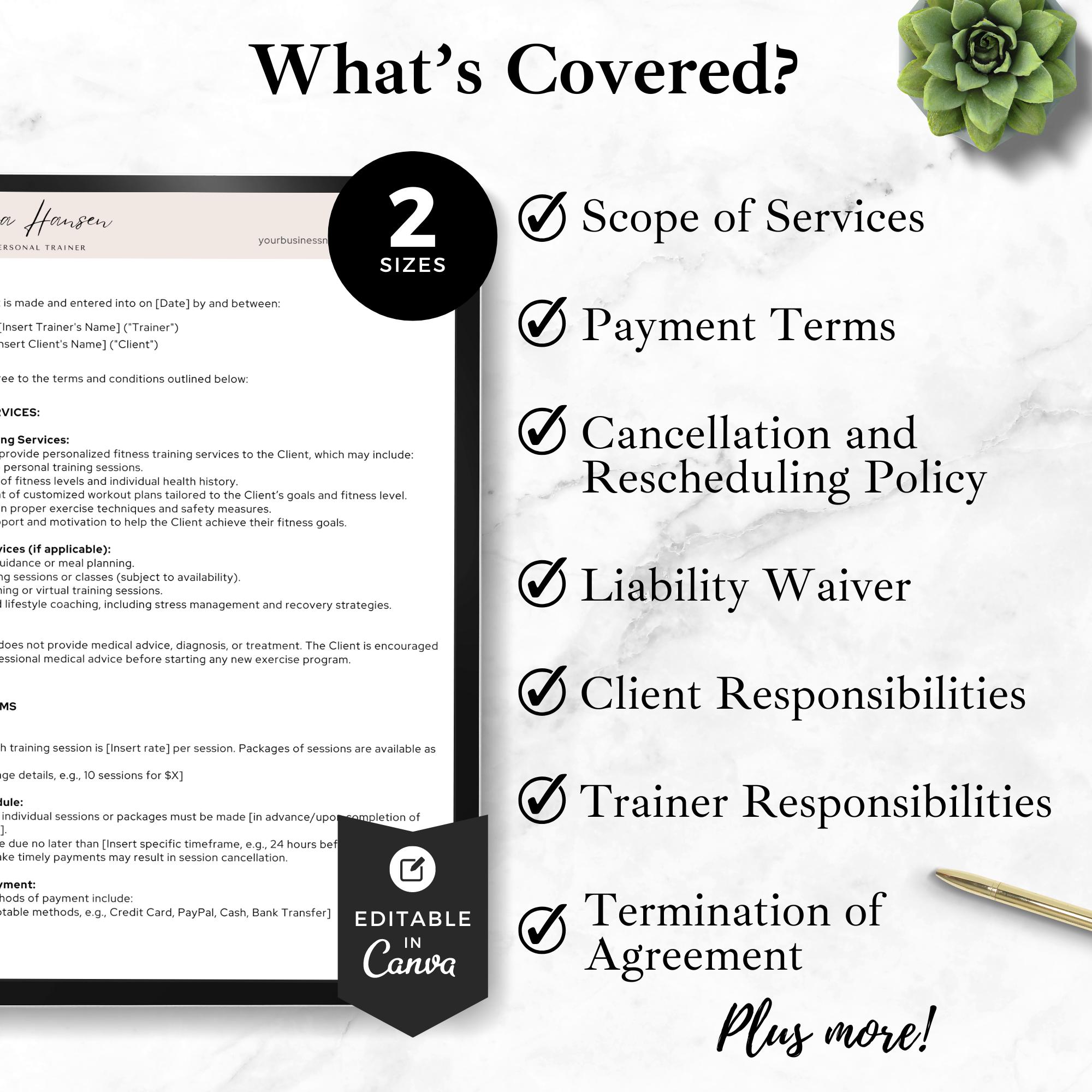 Personal Trainer Contract Template Editable Fitness Agreement Form for