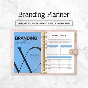 May include: A light pink branding planner with gold accents, open to reveal workbook pages. The cover reads "Branding Workbook" on a light blue background. The planner includes A4, A5, US Letter, and Happy Planner sizes.