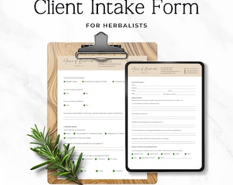 May include: A client intake form for herbalists, featuring a clipboard and a digital tablet. The clipboard holds a printed form with sections for eating habits, lifestyle, and dietary preferences. The tablet displays a similar form. Text includes "Client Intake Form" and "For Herbalists."
