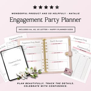 K&ouml;nnte beinhalten: Ein Verlobungsplaner-Set mit einem hellrosa Ringbuch mit goldenen Ringen, einem digitalen Tablet-Display und bedruckten Seiten. Der Text enth&auml;lt "Engagement Party Planner", "Includes A4, A5, US Letter + Happy Planner sizes" und "Plan beautifully."
