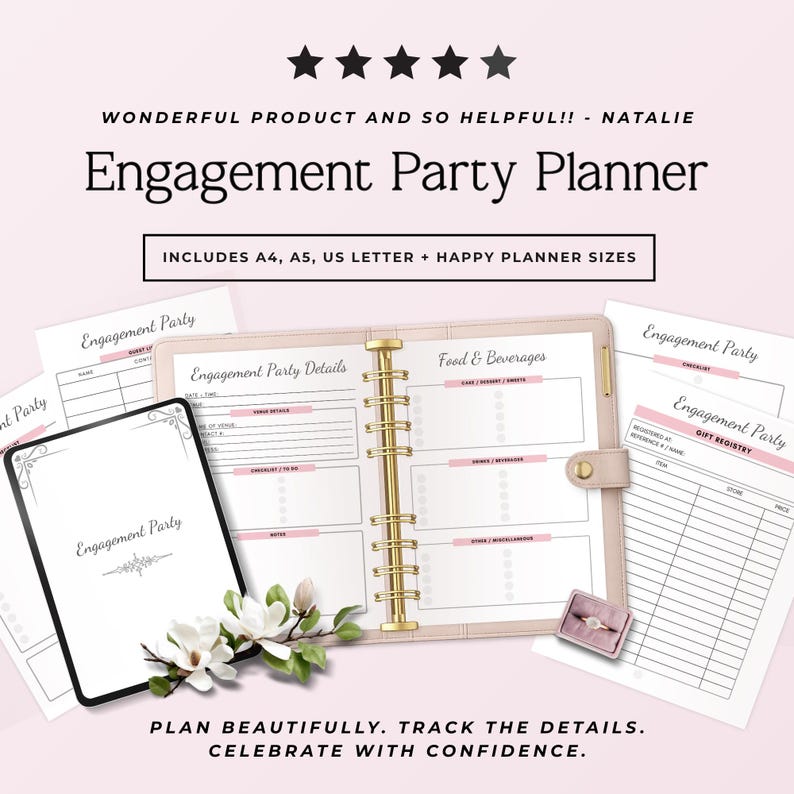 K&ouml;nnte beinhalten: Ein Verlobungsplaner-Set mit einem hellrosa Ringbuch mit goldenen Ringen, einem digitalen Tablet-Display und bedruckten Seiten. Der Text enth&auml;lt "Engagement Party Planner", "Includes A4, A5, US Letter + Happy Planner sizes" und "Plan beautifully."