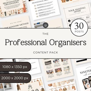 Może przedstawiać: Pakiet treści cyfrowych zatytułowany "The Professional Organisers" z różnymi stronami wyświetlającymi wskazówki, oferty i metodę KonMari. Obraz zawiera okrąg z numerem "30" i słowem "Posts".