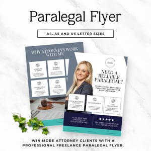 Puede incluir: Una plantilla de folleto para asistente legal con la foto de una persona en blazer, con texto que incluye "Need a Reliable Paralegal?" y "Why Attorneys Work With Me". El diseño incluye secciones para servicios legales, iconos y contacto.