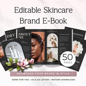 Könnte beinhalten: Eine bearbeitbare E-Book-Vorlage für eine Hautpflegemarke mit 50 Seiten in A4 und US-Letter-Format. Das Layout umfasst schwarze Seiten mit weißem Text, Fotos von Hautpflegeprodukten und einer Person, die Serum aufträgt, verziert mit rosa Magnolienblüten.