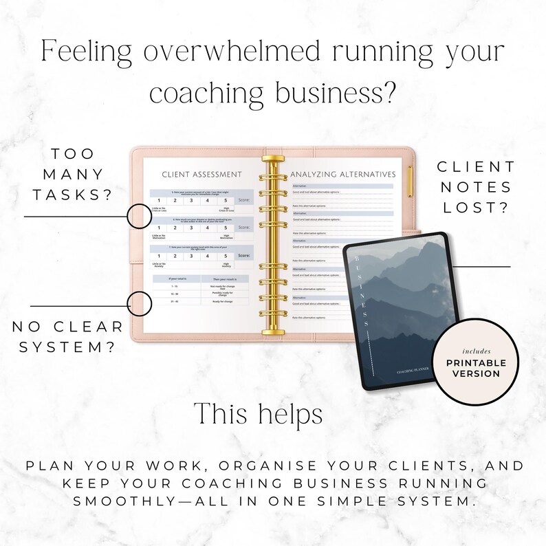 simple coaching planner for managing clients and sessions
coach business planner with goal setting and planning pages