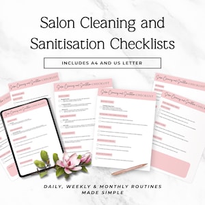 Puede incluir: Un conjunto de listas de verificación rosas y blancas para la limpieza y desinfección de salones. Las listas de verificación incluyen rutinas diarias, semanales y mensuales. El texto dice "Salon Cleaning and Sanitisation Checklists" y "Includes A4 and US Letter".