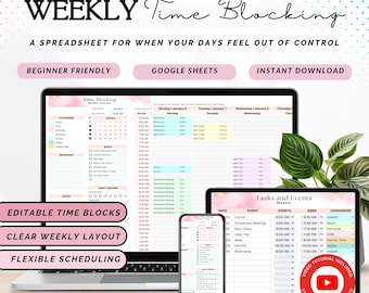 Time Blocking Planner, Daily Schedule Template, Weekly Planner, Task Tracker, Google Sheets Hourly Management Productivity Tool P2