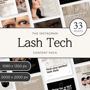 Könnte beinhalten: Ein digitales Content-Paket für Wimpernstylisten mit 33 Social-Media-Post-Vorlagen in Beige, Schwarz und Weiß. Die Sammlung enthält Textüberlagerungen wie Lash Tech, 33 POSTS, 1080 x 1350 px und 2000 x 2000 px sowie Abbildungen von Wimpern.