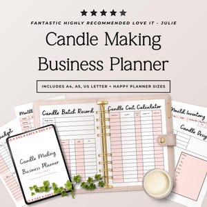 May include: A Candle Making Business Planner with a pink binder, gold rings, and printed pages including a Candle Batch Record, Candle Cost Calculator, and Mould Inventory. The cover features the text Candle Making Business Planner.