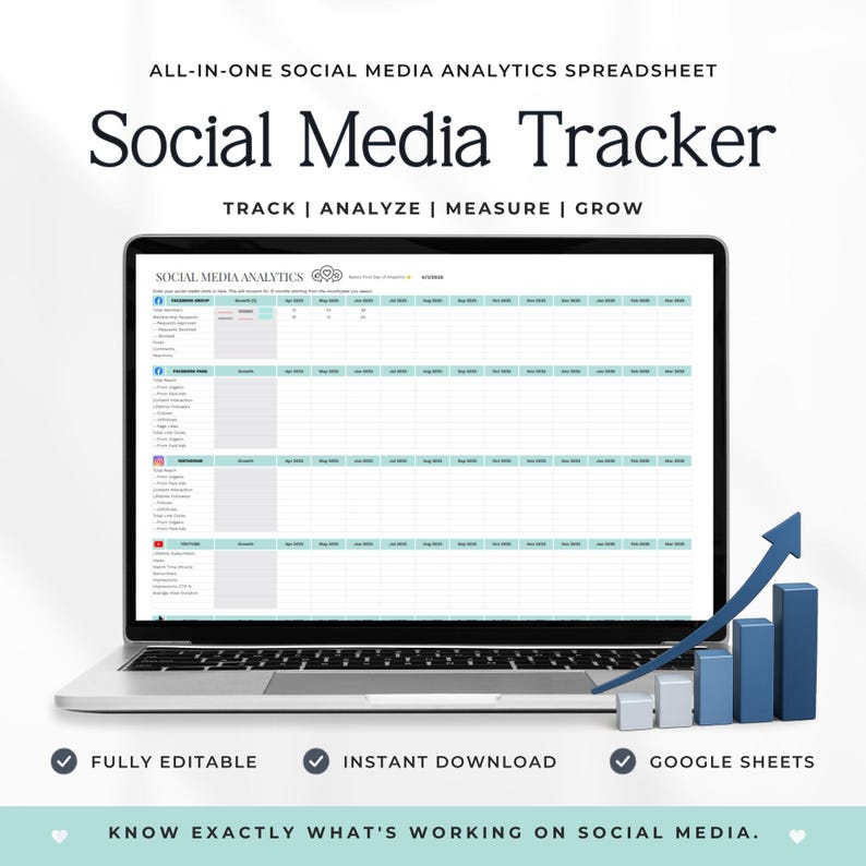 May include: A laptop displaying a spreadsheet titled "Social Media Tracker." The screen shows a data table with rows for various social media platforms. The image includes the text "TRACK | ANALYZE | MEASURE | GROW" and "FULLY EDITABLE, INSTANT DOWNLOAD, GOOGLE SHEETS."
