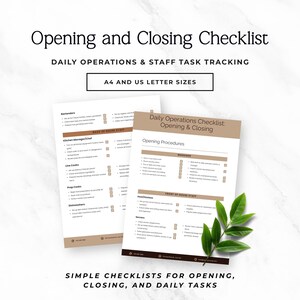 Könnte beinhalten: Zwei Checklisten mit den Titeln "Opening and Closing Checklist" und "Daily Operations Checklist: Opening & Closing". Die Checklisten dienen der täglichen Betriebsführung und der Aufgabenverfolgung der Mitarbeiter. Der Text enthält "A4 and US Letter Sizes".