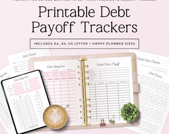 May include: A collection of printable debt payoff trackers featuring various layouts for debt repayment and credit card tracking. The documents include headers like Debt Tracker and Credit Card Payoff, with tables for account details, balances, and payment dates.