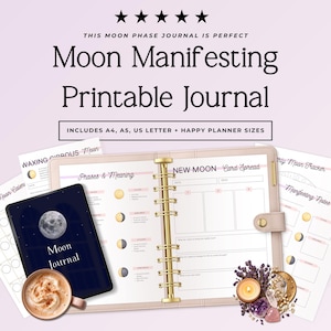 Op de afbeelding: Een printbaar maan-manifestatiejournaal met pagina's met maanfasendiagrammen, kaartleggingen en trackingsecties. Bevat tekst: Moon Manifesting Printable Journal, New Moon, Phases & Meaning, Moon Journal. Inclusief A4, A5, US Letter en Happy Planner formaten.