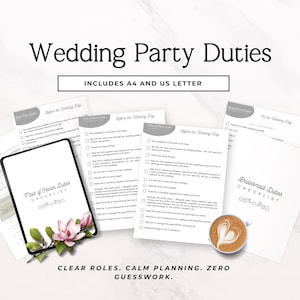 May include: A collection of wedding planning checklists, including Maid of Honor and Bridesmaid duties. The image features a tablet with a checklist, several printed checklists, and a coffee cup with latte art. Text includes "Wedding Party Duties" and "Clear Roles. Calm Planning. Zero Guesswork."