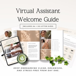May include: A digital welcome guide for virtual assistants, featuring a pricing and services guide, welcome page, and content pages. Includes A4 and US letter sizes. The guide is designed to keep onboarding clear, organized, and stress-free.