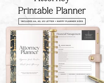 May include: A light pink binder containing an Attorney Printable Planner with gold rings. The left page features a dark botanical pattern and the text Attorney Planner. The right page shows a Financial Management invoice template with fields.