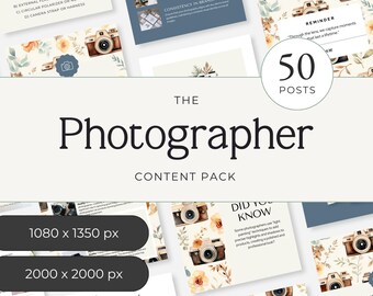 Peut inclure: Un pack de contenu numérique pour photographes comprenant 50 modèles de publications pour réseaux sociaux. Les designs incluent des illustrations florales à l'aquarelle, des graphismes d'appareils photo vintage et du texte informatif.