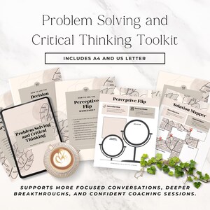 May include: A problem-solving and critical thinking toolkit, including A4 and US letter formats. The image displays worksheets, a tablet, and a coffee cup. Text includes "How to Use the Decision", "Perceptive Flip Worksheet", and "Solution Mapper".