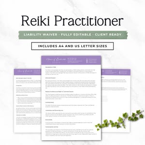 以下が含まれることがあります： 上部に「Reiki Practitioner」というテキストが入った、Reiki Practitionerの免責事項テンプレート。このドキュメントには、「Liability Waiver - Fully Editable - Client Ready」と「Includes A4 and US Letter Sizes」というテキストが含まれています。このドキュメントには、「Name of Business」というテキストが入った紫色のヘッダーがあります。