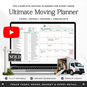 Pode incluir: Um planejador de mudanças digital exibido na tela de um laptop, com um calendário de dezembro de 2023, listas de tarefas e controle de orçamento. O texto diz The Complete Moving Planner For Every Home, Ultimate Moving Planner, Tasks, Boxes.