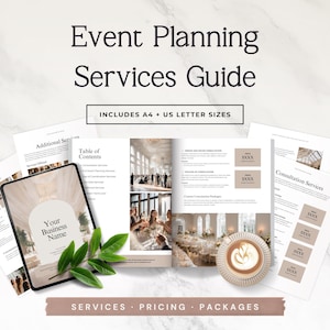 May include: An event planning services guide template featuring a digital tablet, printed pages, and a coffee cup. The text reads Event Planning Services Guide, Includes A4 + US Letter Sizes, Table of Contents, and Services, Pricing, Packages.