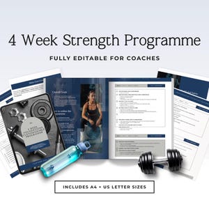 Puede incluir: Imagen promocional de un programa de entrenamiento de fuerza de 4 semanas. La imagen incluye una tableta con la portada del programa, una botella de agua, una mancuerna y páginas impresas. El texto dice "4 Week Strength Programme" y "FULLY EDITABLE FOR COACHES."