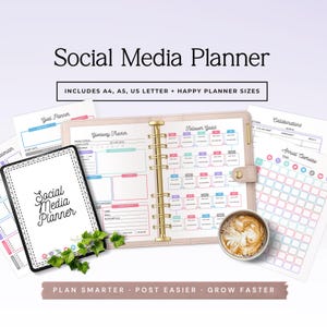 May include: A social media planner set featuring a ring-bound organizer with giveaway tracker and follower goals pages, alongside loose sheets for collaborations and annual overviews. Includes text: Social Media Planner, Includes A4, A5, US Letter + Happy Planner Sizes, Plan Smarter, Post Easier, Grow Faster.