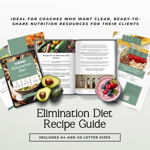 以下が含まれることがあります： 「Elimination Diet Recipe Guide」というタイトルのデジタルレシピガイド。テキストは「Includes A4 and US Letter Sizes」です。画像には、タブレット、開いた本、レシピと食べ物の画像が印刷されたページがあり、アボカドとスムージーが含まれています。