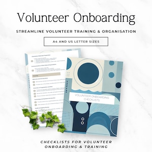 May include: A volunteer onboarding checklist document set featuring blue and white geometric patterns. The text reads Volunteer Onboarding, Streamline Volunteer Training & Organisation, A4 and US Letter Sizes, and Volunteer Onboarding Checklists.