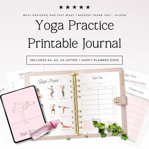 Puede incluir: Un diario imprimible de práctica de yoga con cinco estrellas y el texto: WELL DESIGNED AND JUST WHAT I NEEDED! THANK YOU! - ALISON. Yoga Practice Printable Journal. INCLUDES A4, A5, US LETTER + HAPPY PLANNER SIZES. Incluye páginas de registro.