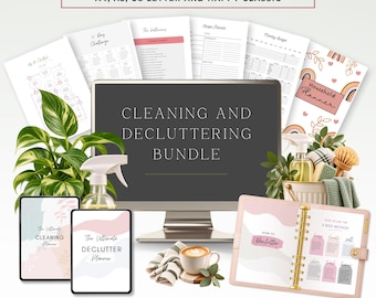 May include: A digital cleaning and decluttering bundle featuring printable planner pages in A4, A5, US Letter, and Happy Classic sizes. Includes a computer monitor displaying the bundle title, two tablets, a ring-bound planner, and cleaning supplies.