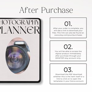 May include: A digital photography planner guide with a camera lens graphic and three numbered steps explaining the download process. The text reads After Purchase, 01, 02, 03, and provides instructions for accessing files via an Etsy account and Canva.