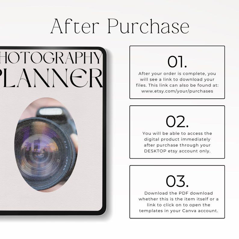 May include: A digital photography planner guide with a camera lens graphic and three numbered steps explaining the download process. The text reads After Purchase, 01, 02, 03, and provides instructions for accessing files via an Etsy account and Canva.