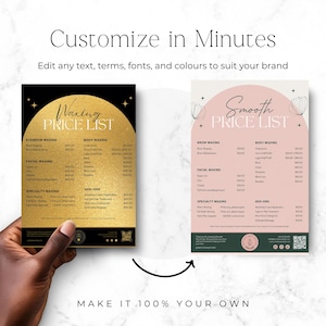 May include: Two digital price list templates for waxing services. The left template features a black background with a gold glitter arch and white text. The right template has a light pink arch on a white background with dark text. Both include QR codes.