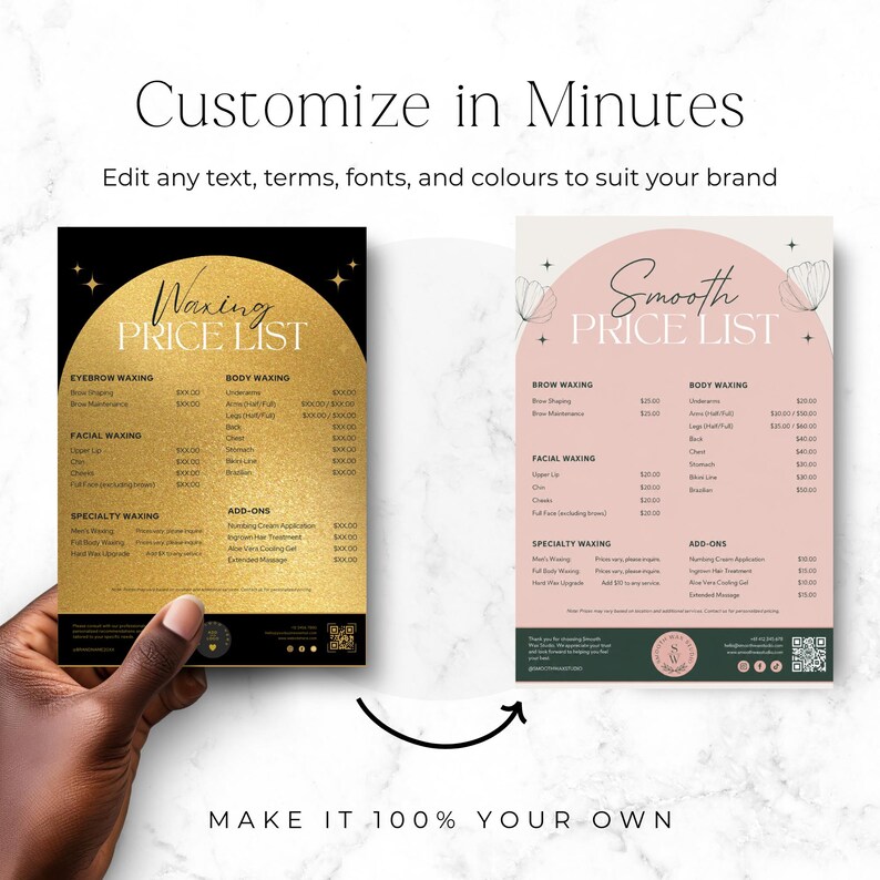 May include: Two digital price list templates for waxing services. The left template features a black background with a gold glitter arch and white text. The right template has a light pink arch on a white background with dark text. Both include QR codes.