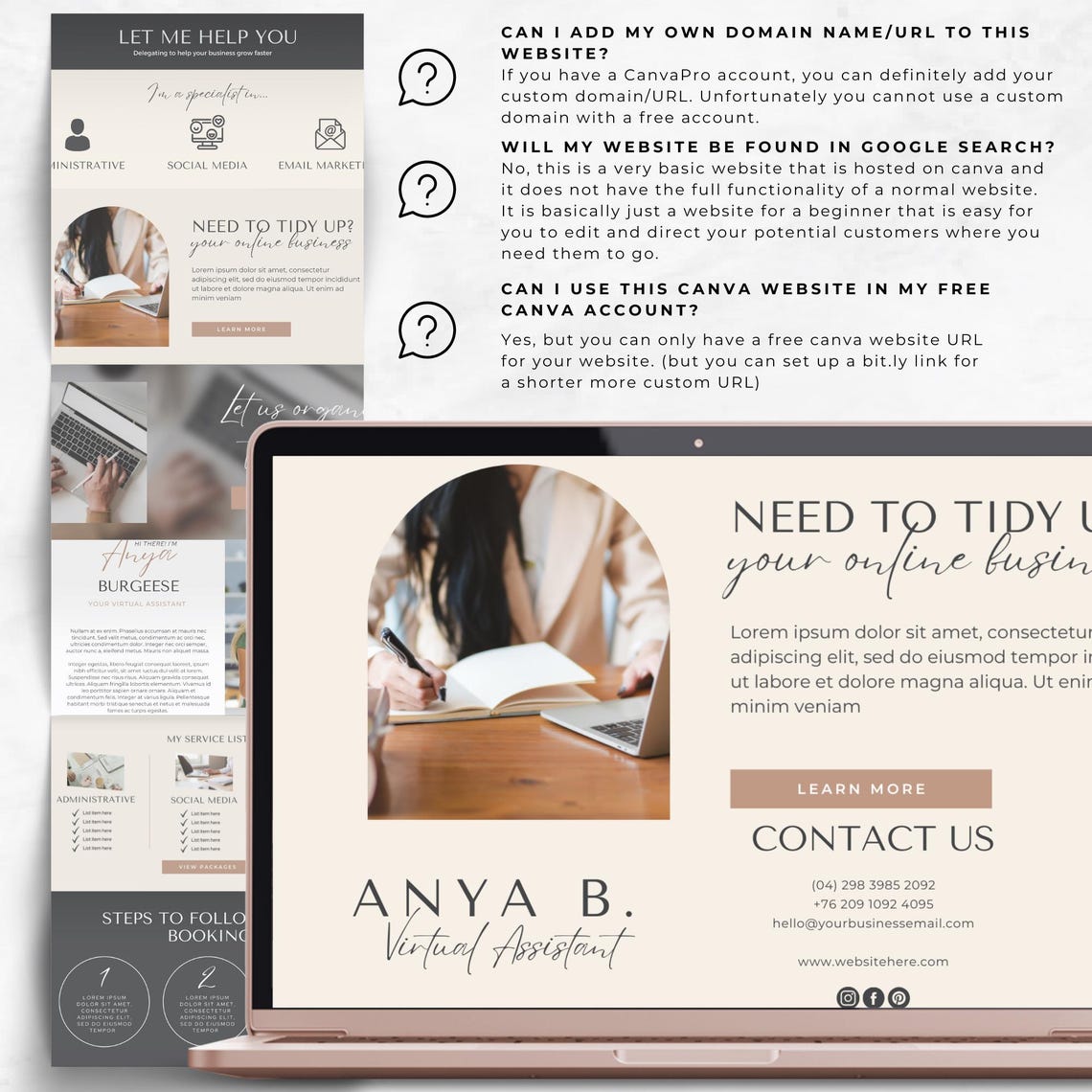 Virtual Assistant Website Template Canva, Beginner VA Website, Editable ...