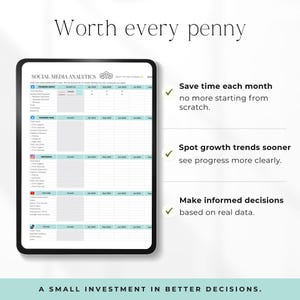 May include: A digital tablet displays a social media analytics spreadsheet. The text reads "Worth every penny." Benefits include saving time, spotting growth trends, and making informed decisions. The bottom text says "A small investment in better decisions."