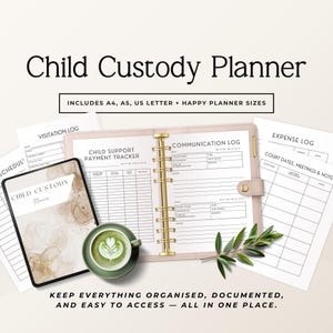 May include: A child custody planner with a pink binder, a tablet, and several printed sheets. The planner includes sections for visitation, child support, communication, and expenses. Text on the image reads "Child Custody Planner" and "Keep everything organised, documented, and easy to access - all in one place."