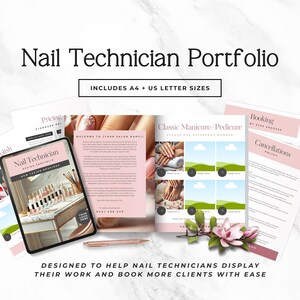 Könnte beinhalten: Ein digitales Portfolio-Vorlagen-Set für Nageldesigner mit mehreren Seiten in Rosa und Weiß, inklusive Textüberschriften wie Nail Technician Portfolio, Pricing, Booking und Cancellations Policy sowie einem roségoldenen Stift.