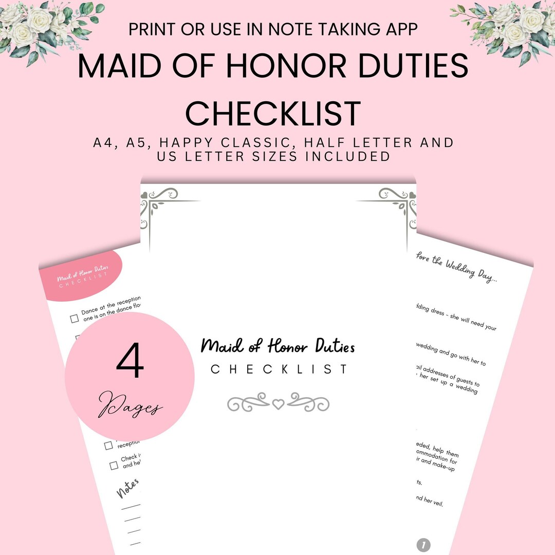 Maid of Honor Duties Checklist Maid of Honour Planner Maid of Honor to