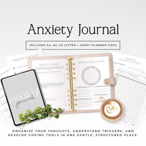 May include: A light pink Anxiety Journal with gold accents, open to reveal pages for tracking thoughts and feelings. Includes A4, A5, US Letter, and Happy Planner sizes. A cup of coffee with latte art sits nearby.