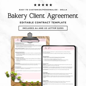 May include: A Bakery Client Agreement editable contract template featuring five stars, the text Bakery Client Agreement, Editable Contract Template, and Includes A4 and US Letter Sizes. The document is displayed on a clipboard and a tablet.
