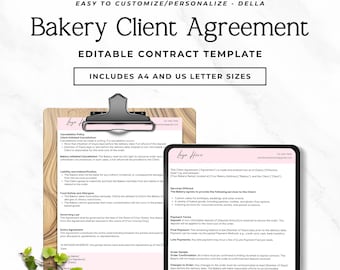 Puede incluir: Una plantilla de contrato de acuerdo con el cliente de panadería con cinco estrellas, el texto Bakery Client Agreement, Editable Contract Template e Includes A4 and US Letter Sizes. El documento se muestra en un portapapeles y una tableta.