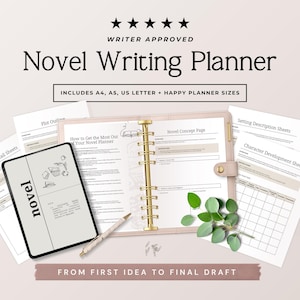 May include: A novel writing planner with the text "Writer Approved Novel Writing Planner". The planner includes A4, A5, US Letter, and Happy Planner sizes. The image shows a planner, pen, and loose sheets.