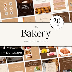 Può includere: Una raccolta di 20 modelli digitali per post Instagram dedicati a una panetteria, caratterizzati da una palette di colori neutri beige, crema e marrone. I design includono testi, fotografie di pasticcini e torte e un'etichetta 1080 x 1440 px.