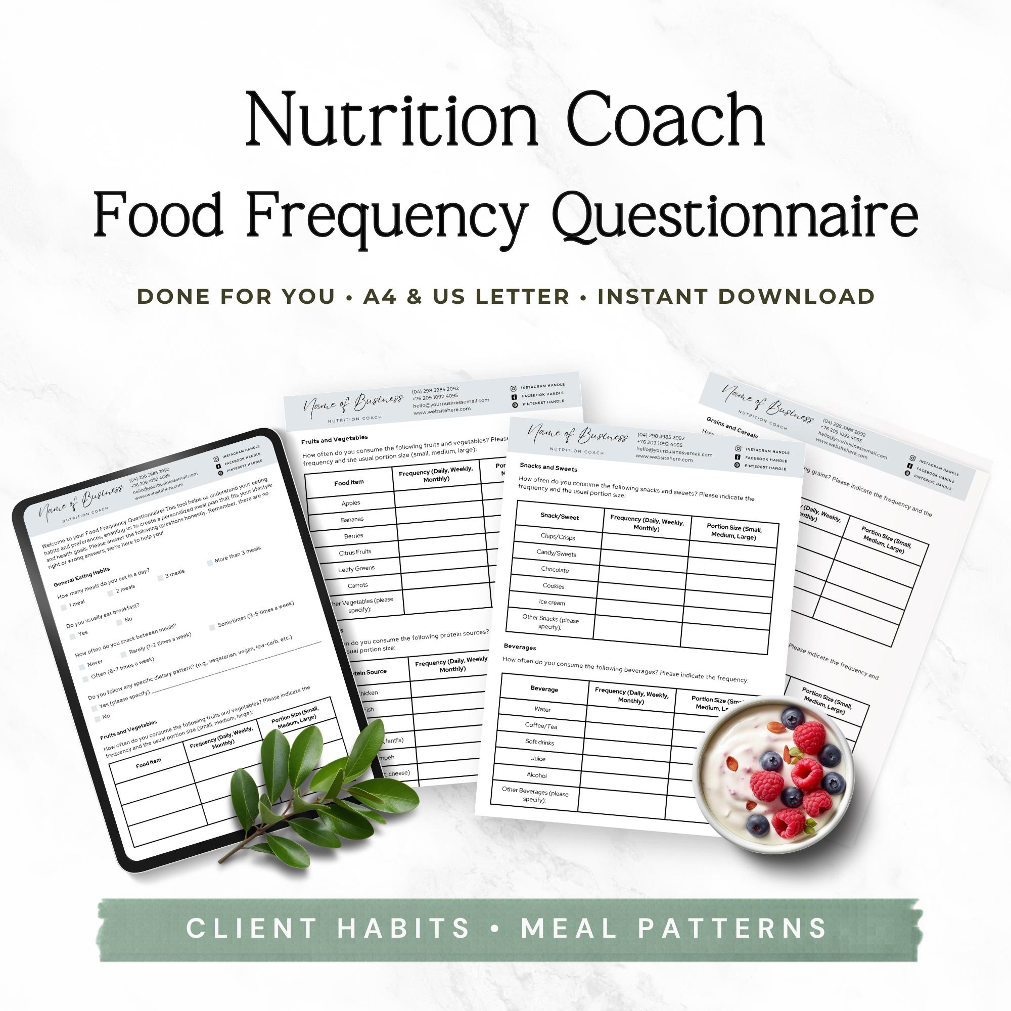 Nutrition Checklist Questionnaire.pdf Nutrition Intake Form Template, Food Frequency Questionnaire, Editable ...
