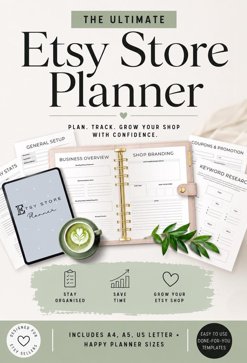 Op de afbeelding: Een digitale en fysieke Etsy Store Planner-set met een beige ringband-organizer, een tablet met de tekst Etsy Store Planner en diverse geprinte sjablonen zoals General Setup, Business Overview, Shop Branding, Coupons & Promotion en Keyword Research. Bevat iconen voor organisatie, tijdsbesparing en groei, met tekst die de formaten A4, A5 en US Letter aangeeft.